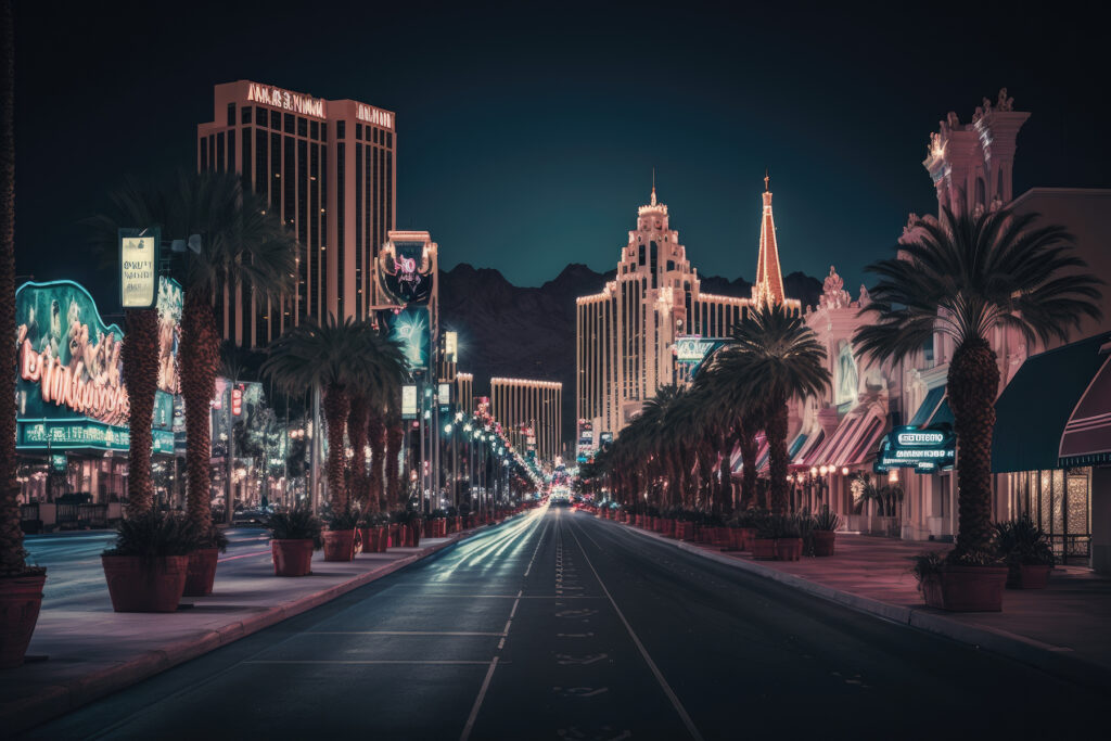 Downtown Las Vegas at night, hiding its air quality issues.