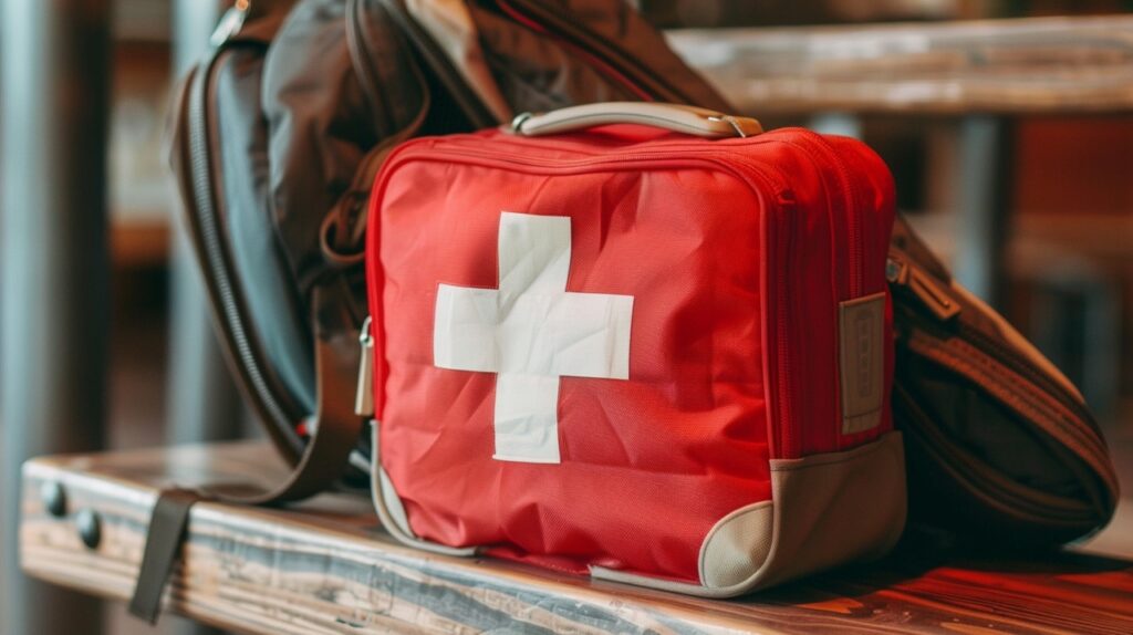 Red first aid kit with epinephrine auto injectors for allergy emergencies