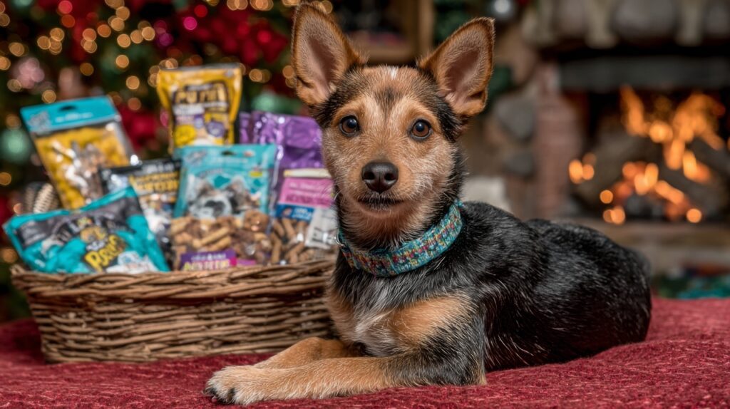 Dog with basket of allergy-friendly pet treats by Christmas tree